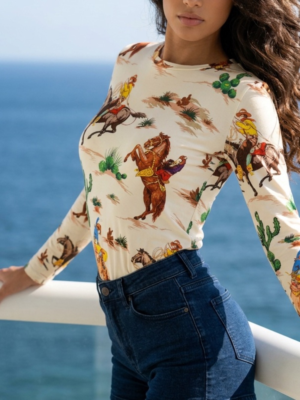 NEW CREAM COWGIRL LONG SLEEVE TEE SIZE LARGE